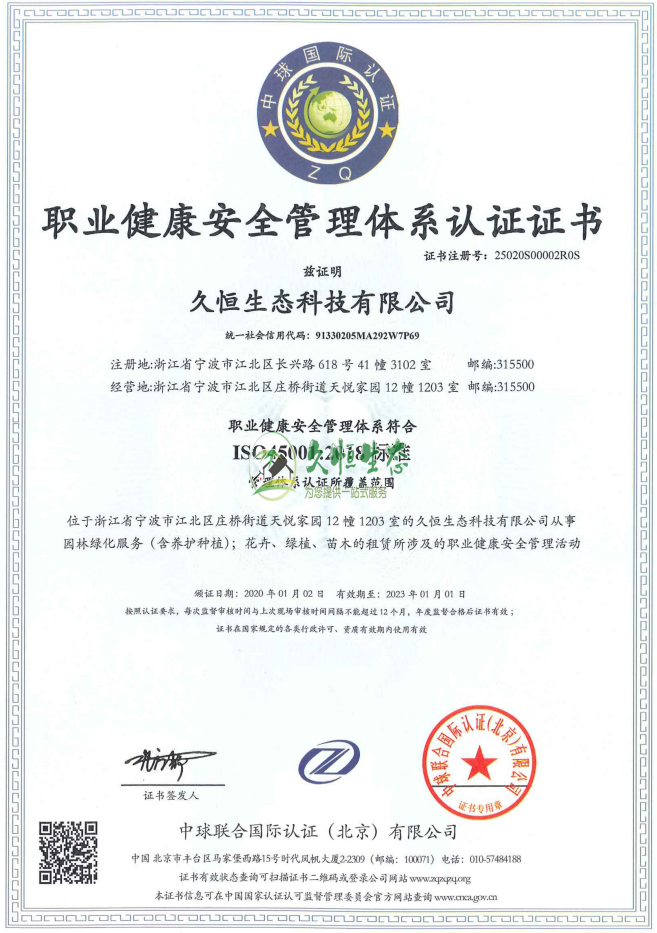 新昌职业健康安全管理体系ISO45001证书